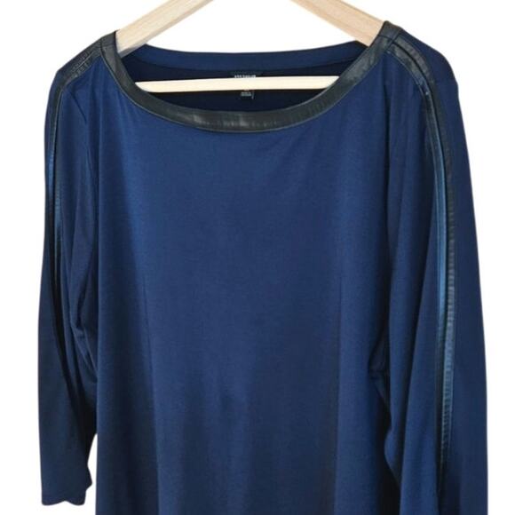 Ann Taylor Blouse Synthetic Black Leather Accents 3/4 Sleeve Navy Women's XLarge - Picture 2 of 6